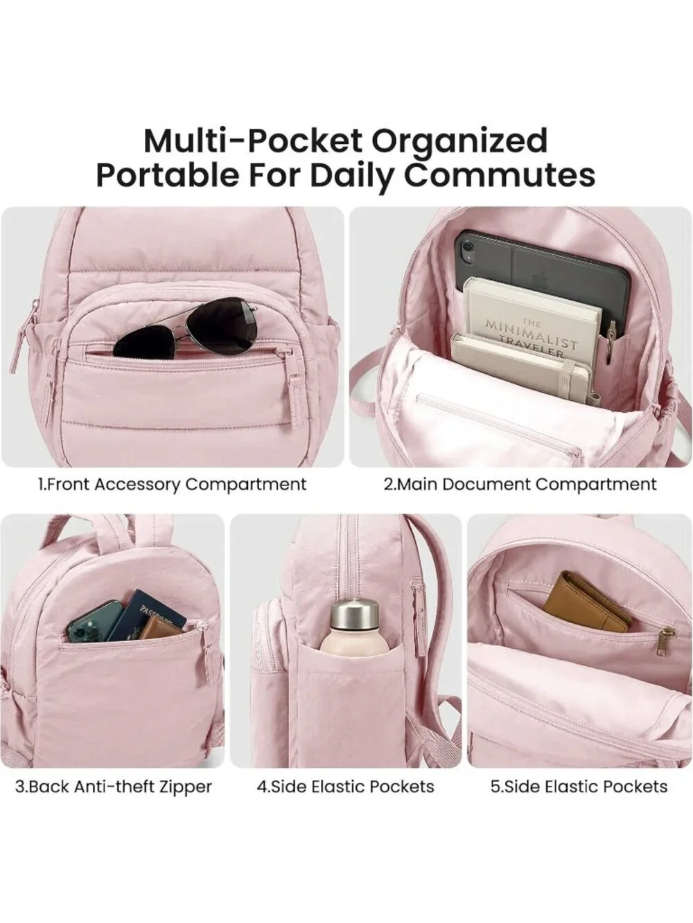 Women's 03-pink Lightweight Adjustable Straps Large Capacity Bookbag